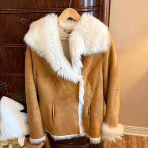UGG Tan Leather Jacket with Cream Fur Trim